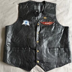 Genuine Leather Black Navarre Motorcycle Vest With Harley Davidson Patches